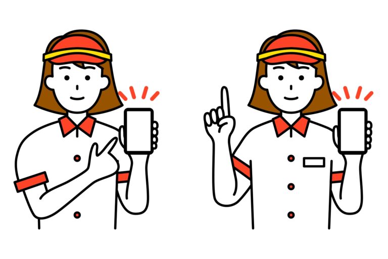 スマホの画面を見せるファストフード店の女性店員