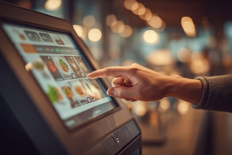 ファストフード店内のセルフオーダーシステムで注文している手元のアップ