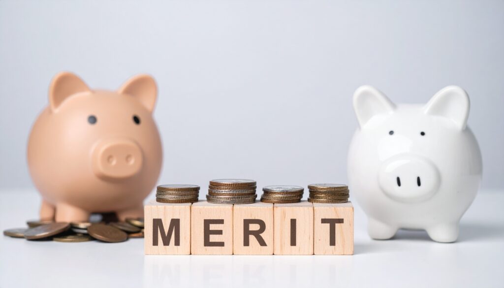 メリットを意味する英単語のMERITが書かれたキューブブロックと小銭と貯金箱