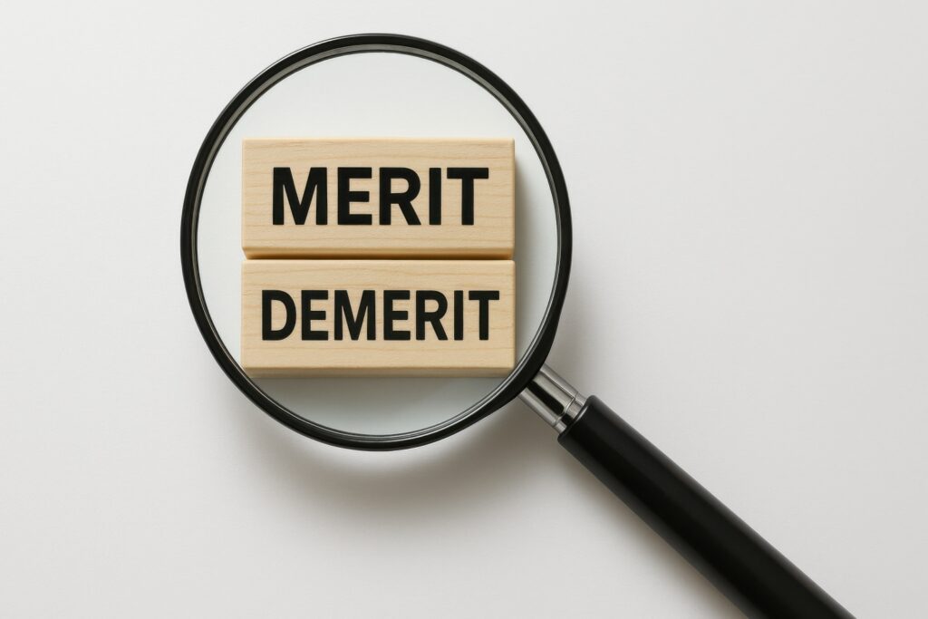 白い背景に虫眼鏡で拡大された、『merit』と『demerit』の文字入り木製ブロック
