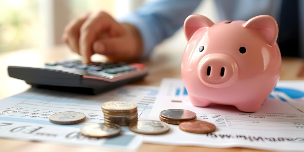 ピンクの豚の貯金箱にコインを入れる様子にフォーカスした画像