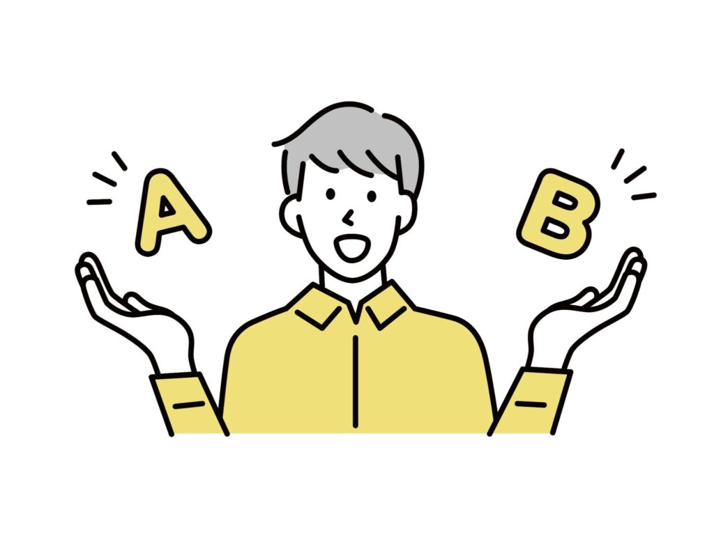 AとBを比べる男性のイラスト