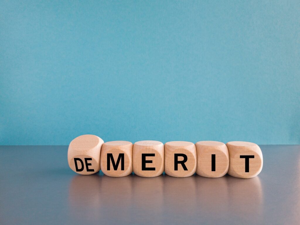 青色の背景にDEMERITと記載されたブロック