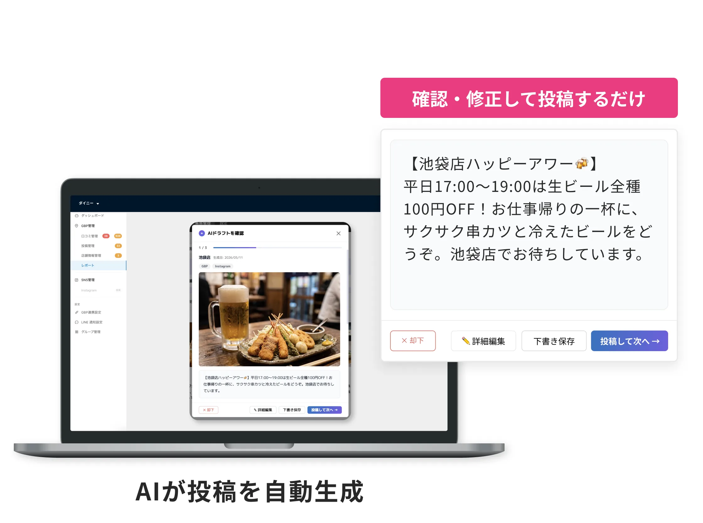 AIが自動作成したSNS投稿の下書きを確認・修正して投稿する流れ