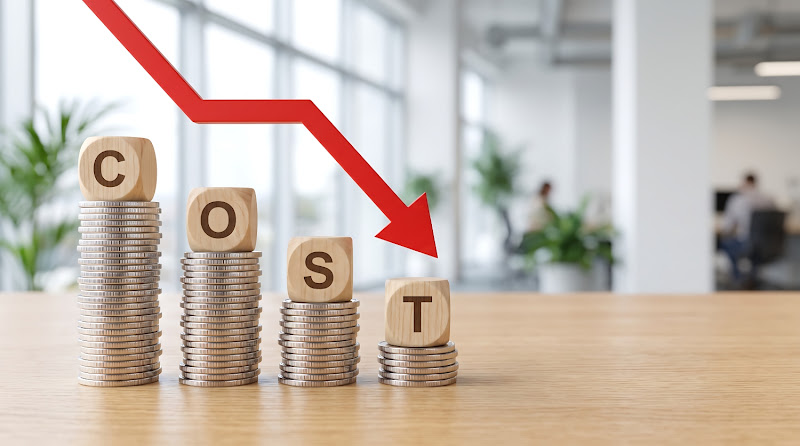 コスト削減を象徴する、低くなるコインの山と「COST」のブロック
